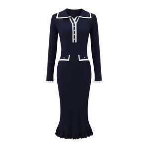 Women's Winter Sweater Dress Contrast Trim Ruffled Hem Bodycon Dress Navy Blue